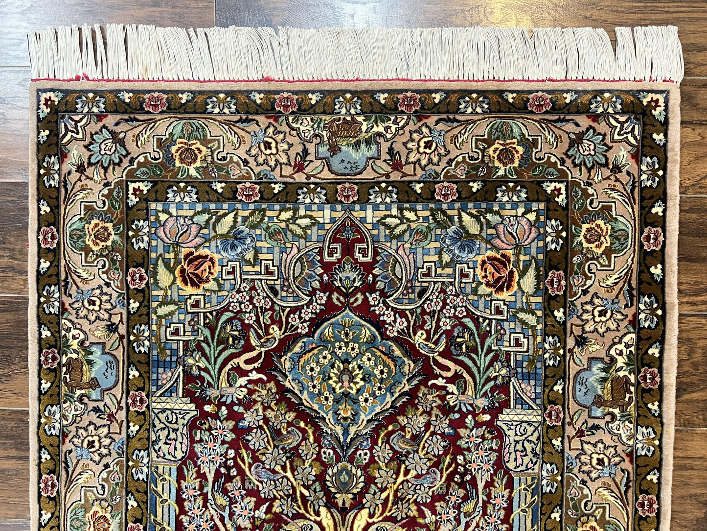 Persian Isfahan Rug Vintage Hand Knotted 3.7 by 5.6 Tree of Life Kork Wool Silk Highlights