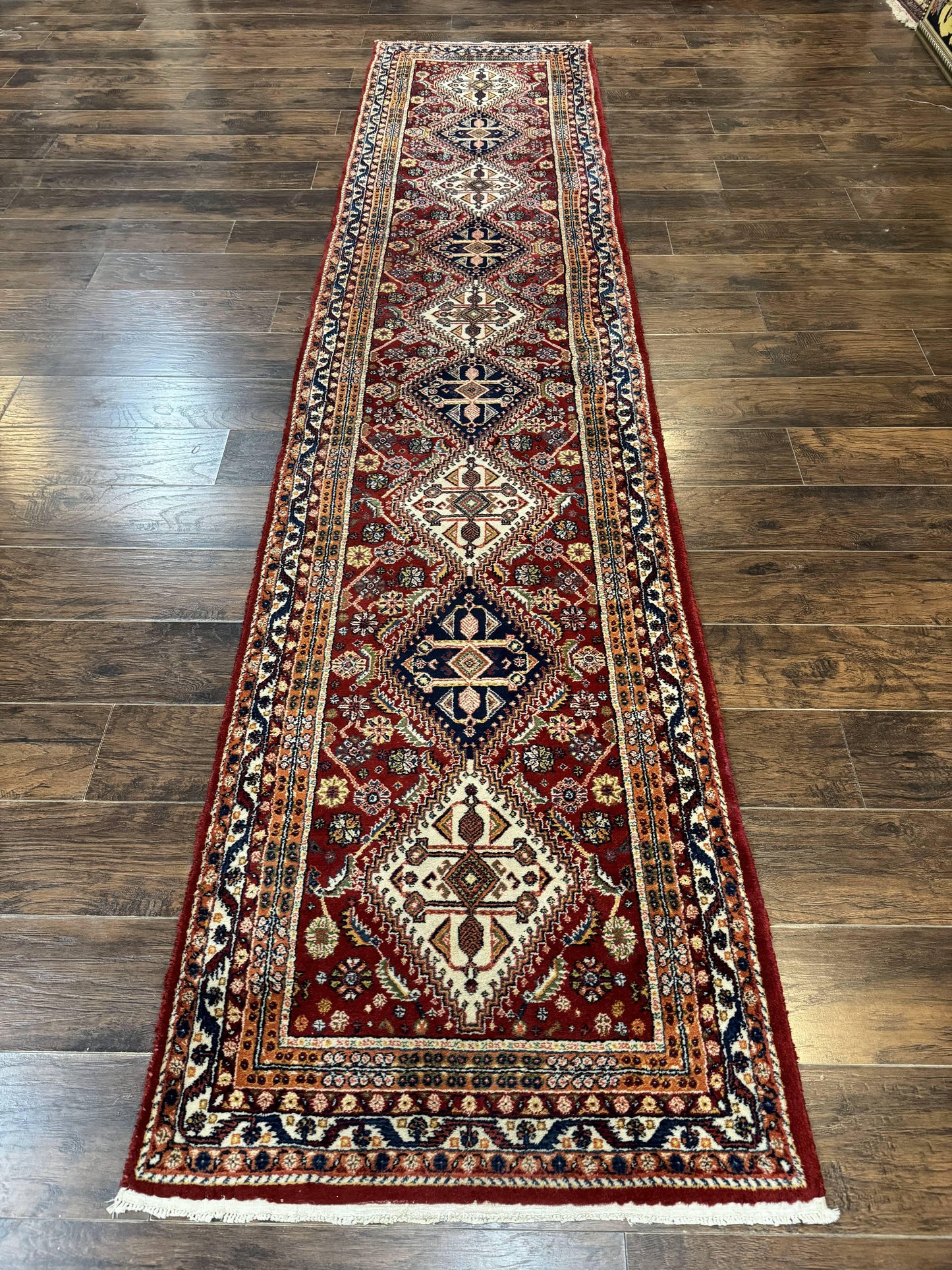 Persian Qashqai Runner Rug 3x13 Wool Hand Knotted Red Ivory Blue Geometric Medallions