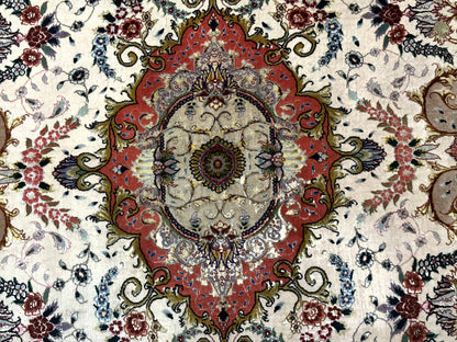 Persian Tabriz Rug 5x7 Ivory and Coral Medallion Fine 440 KPSI