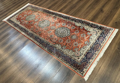 Turkish Silk Runner Rug 3x8 Hand Knotted Red Floral Medallions Vintage Kayseri