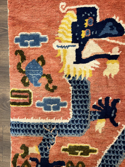 Ningxia Pillar Rug Hand Knotted Wool Carpet Five Clawed Dragon Border Late Qing Dynasty 3x8 Collectible