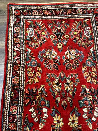 Persian Sarouk Runner Rug 3x12 Vintage Wool Red Floral Design