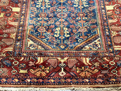 Antique Persian Rug Malayer 4x7 Blue And Red Rare Carpet Vintage Collectible