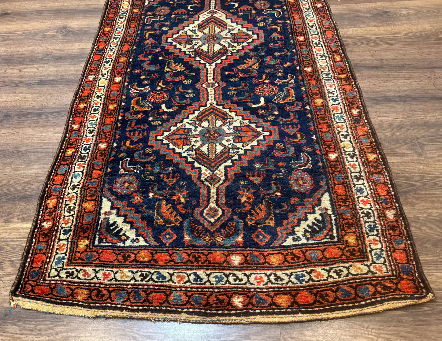 Persian Hamadan Rug 4x6 Antique Navy Blue Geometric Double Medallions Tribal Carpet