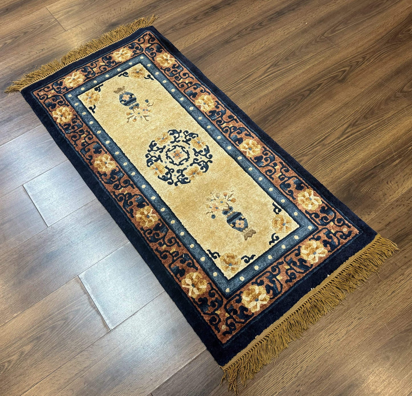 Silk Chinese Rug 2x4 Hand Knotted Peking Carpet In Golden Beige And Blue