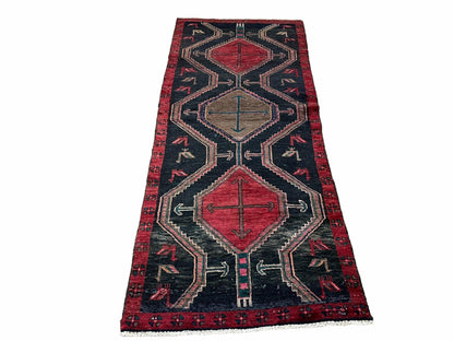 Handmade Wool Tribal Runner Rug 3X7 Geometric Boho Red Blue Organic Dyes