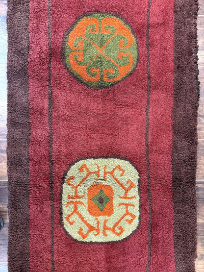 German Hooked Runner Rug 3x8 Vintage Wool Handmade Red Authentic Antique Style