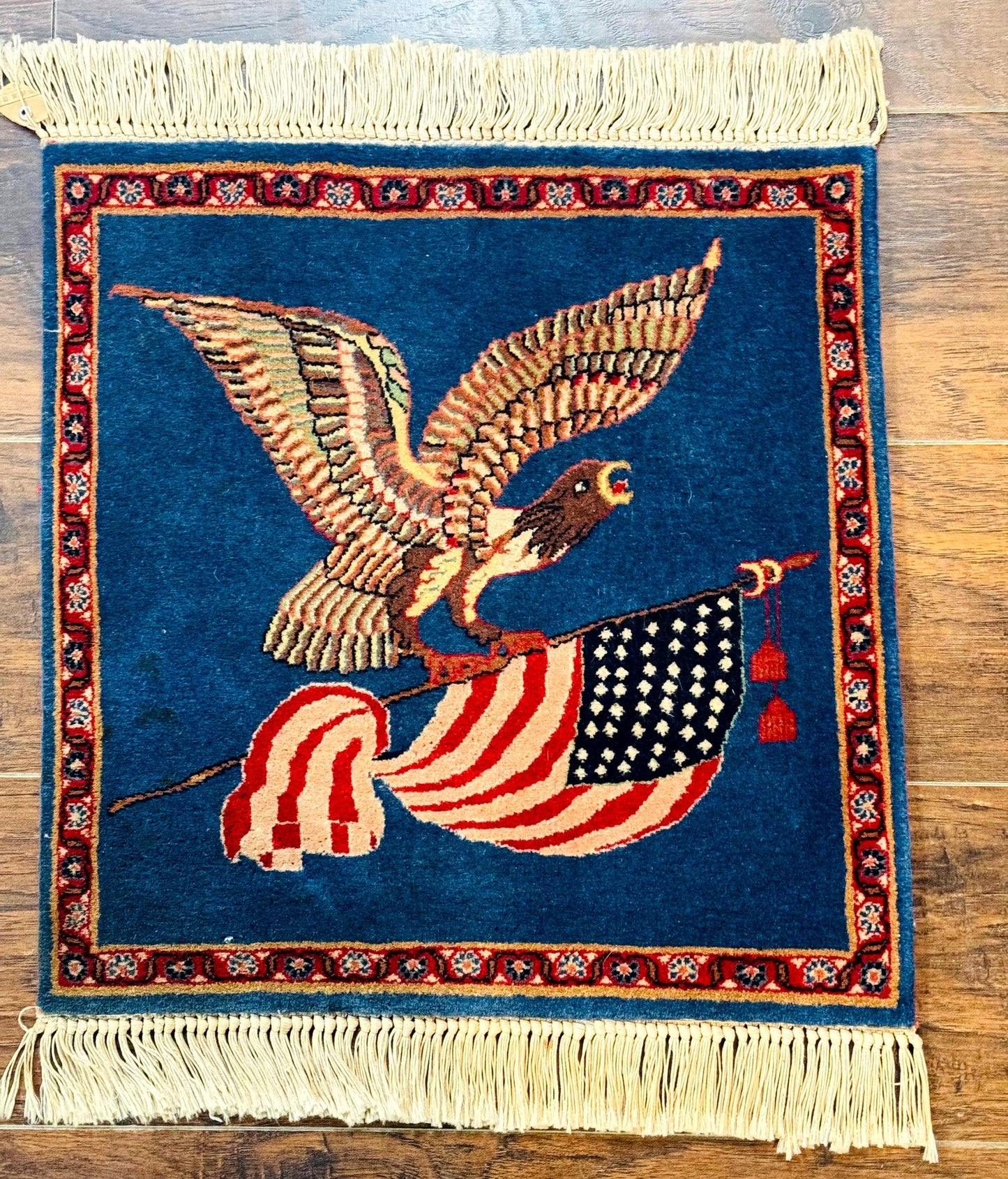 American Flag Bald Eagle Pictorial Rug Indo Persian Handmade Wool Hand Knotted
