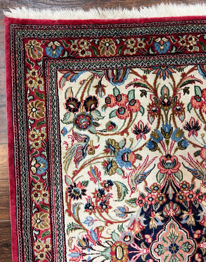 Persian Qum Runner Rug 2.8 x 10 Feet Hand Knotted Wool Floral Medallions With Birds