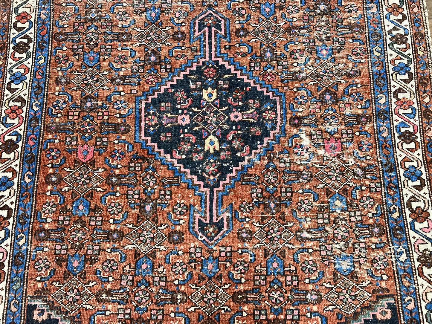 Red Persian Hamadan Rug 4x6 Hand Knotted Wool Geometric Medallion Rug