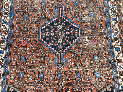 Red Persian Hamadan Rug 4x6 Hand Knotted Wool Geometric Medallion Rug