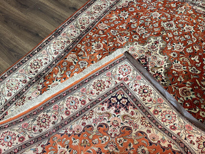 Persian Qum Silk Rug 5x7 Floral Medallion Birds Orange Red Hand Knotted