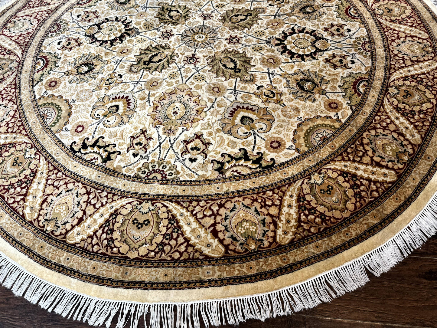 Round Persian Wool Rug 8x8 Handmade Vintage Carpet Beige Dark Red KPSI 270