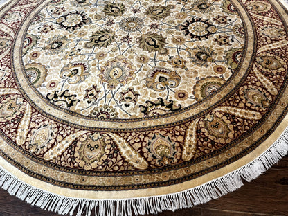 Round Persian Wool Rug 8x8 Handmade Vintage Carpet Beige Dark Red KPSI 270