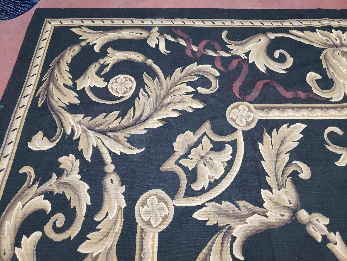 Black And Tan Aubusson Rug 10x14 Handmade Wool Flatweave Decor