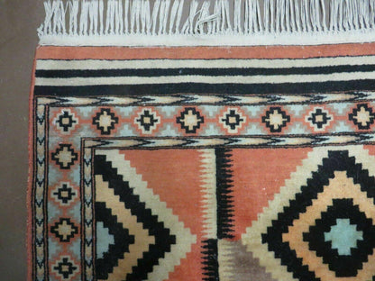 Vintage Turkish Oushak Wool Rug 4x6 Diamond Pattern Handmade Mehrab Red