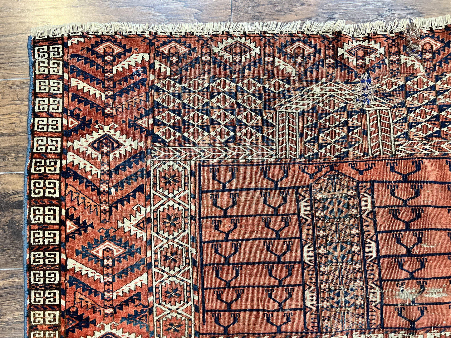 Turkoman Rug Antique Hatchli Wool Handmade 4x4 Four Season Yamud Design Red Bohemian Engsi Tekkeh