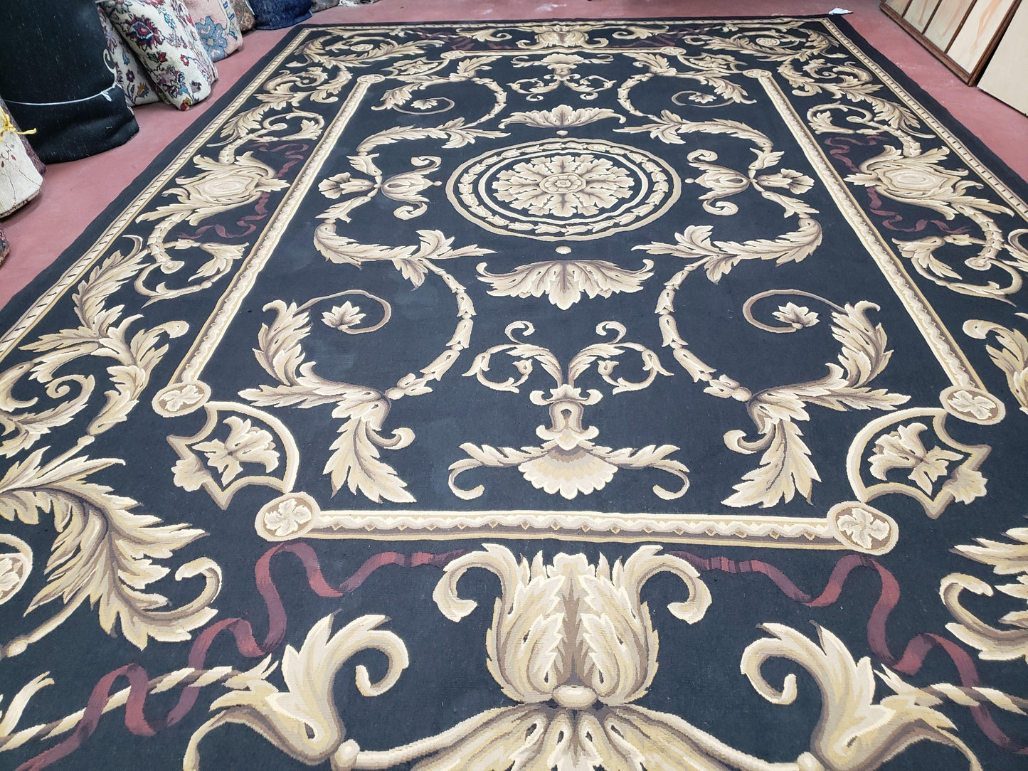 Black And Tan Aubusson Rug 10x14 Handmade Wool Flatweave Decor