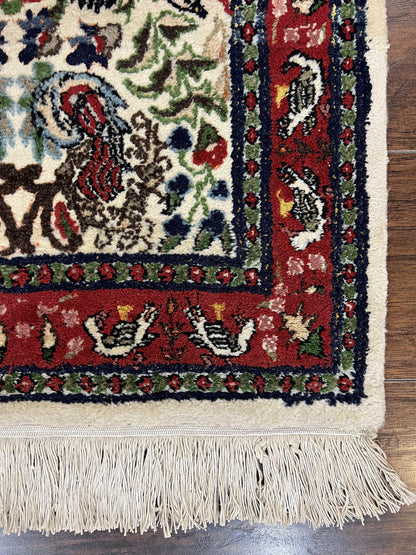 Indo Persian Rug Hand Knotted Wool Silk 2x3 Ft Cream Maroon Birds Vase Flowers