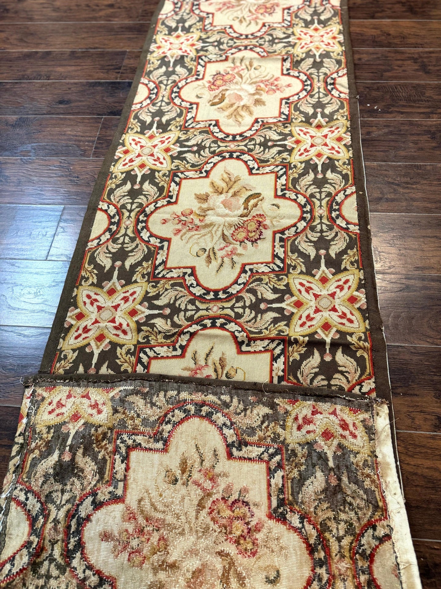 Needlepoint Runner Rug European French Design Handmade Wool Vintage