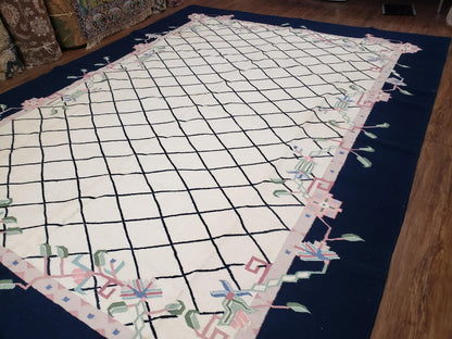 Vintage Wool Dhurrie Rug Handwoven Indian Kilim Flatweave Black White