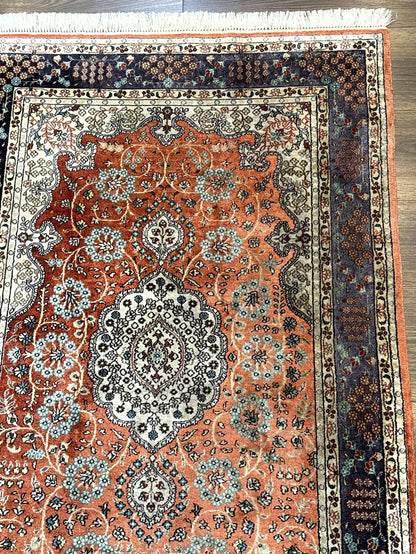 Turkish Silk Runner Rug 3x8 Hand Knotted Red Floral Medallions Vintage Kayseri