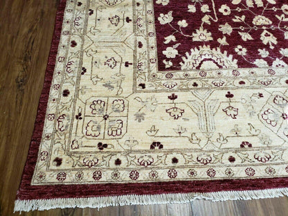 Peshawar Rug Pakistani Handmade Floral Carpet 9ft10in X 14ft1in Maroon Beige