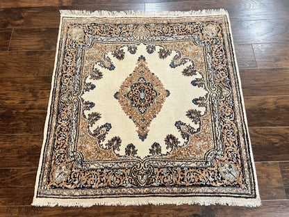 Persian Kirman Square Rug 4x4 Handmade Wool Hand Knotted Semi Open Field