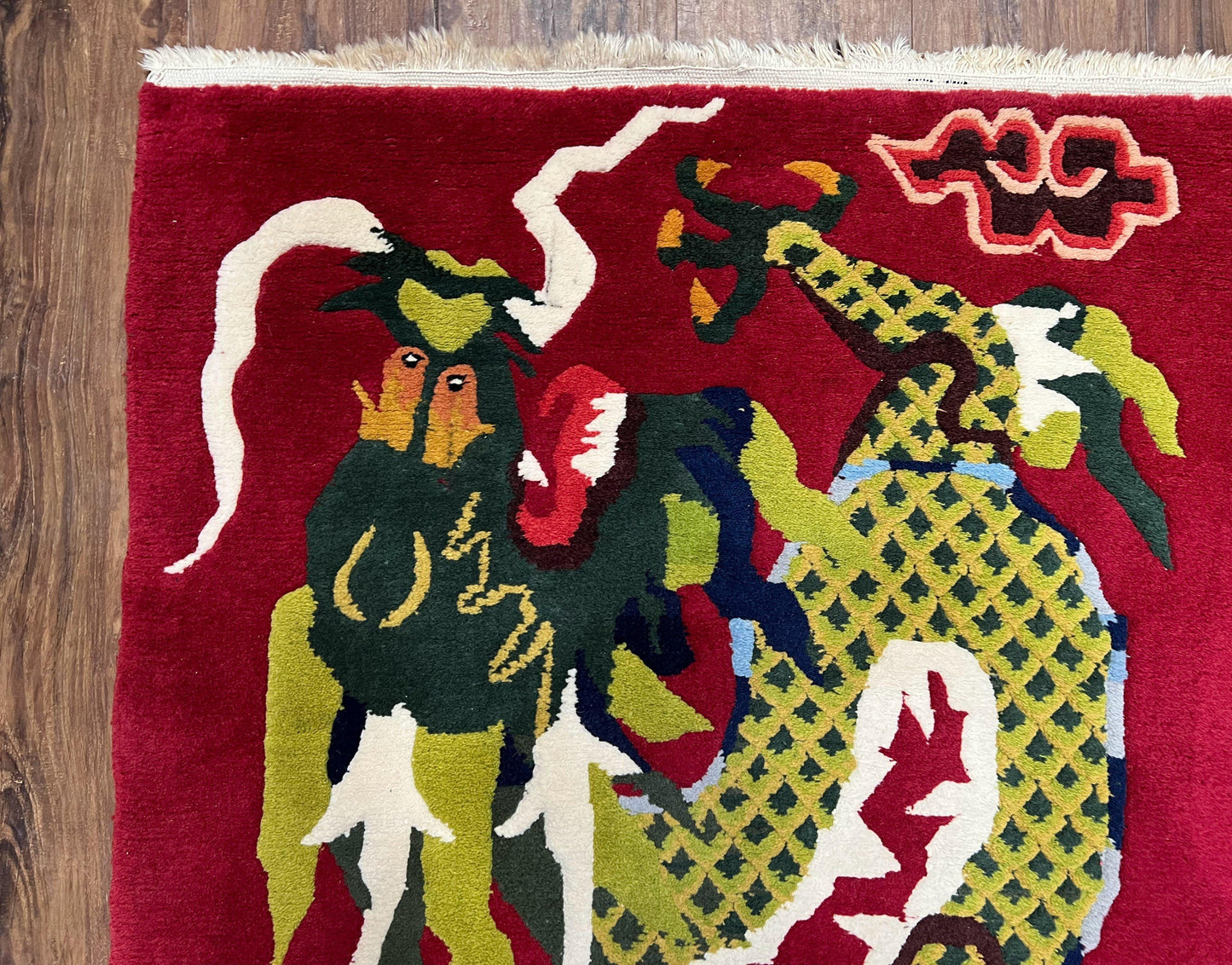 Vintage Chinese Dragon Rug 3x6.8 Handmade Hand Knotted Red Gold Dragon Art Deco Runner