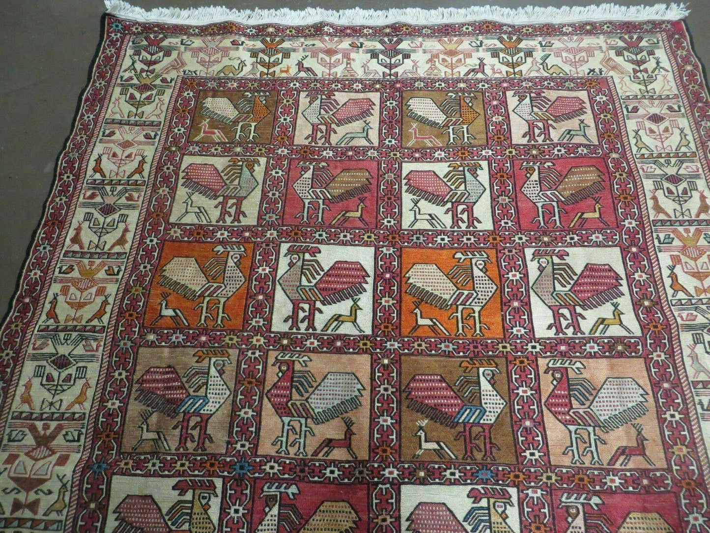 Vintage Russian Kilim Rug Handmade Flat Weave Soumak Silk Wool 4x6 Roosters Birds