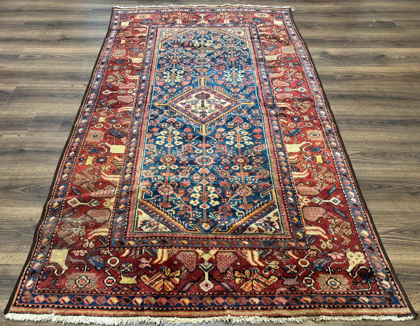 Antique Persian Rug Malayer 4x7 Blue And Red Rare Carpet Vintage Collectible