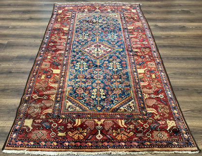 Antique Persian Rug Malayer 4x7 Blue And Red Rare Carpet Vintage Collectible