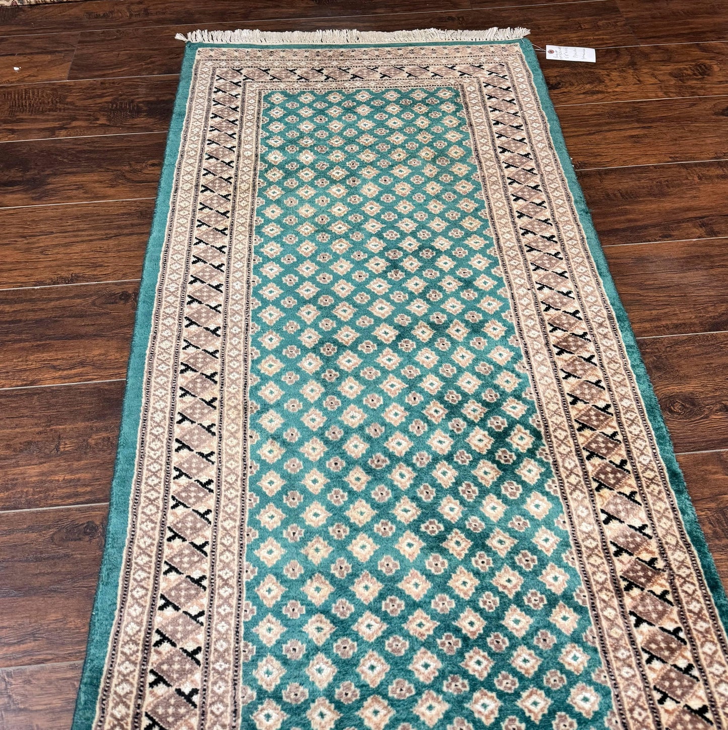 Pakistani Runner Rug 2.8 X 20 Hand Knotted Vintage Wool Turkoman Teal Tan
