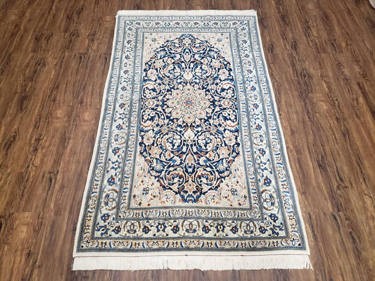 Semi Antique Persian Nain Rug Hand Knotted With Wool Silk Accents Ivory And Blue