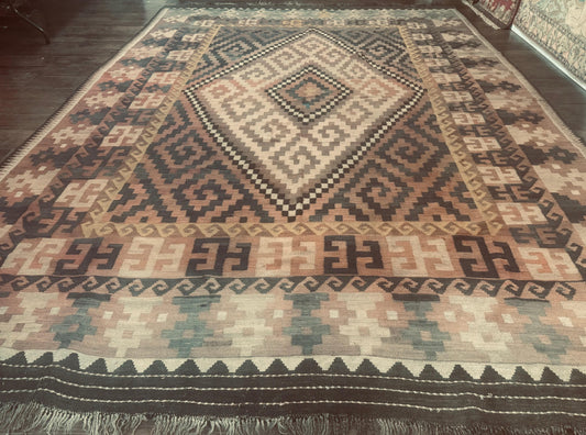 Antique Persian Kilim Rug 9x12 Zarand Handwoven Wool Zigzag Pattern In Earth Tones