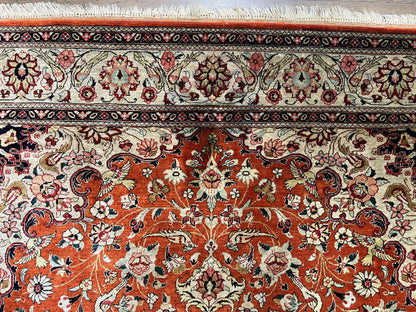 Persian Qum Silk Rug 5x7 Floral Medallion Birds Orange Red Hand Knotted