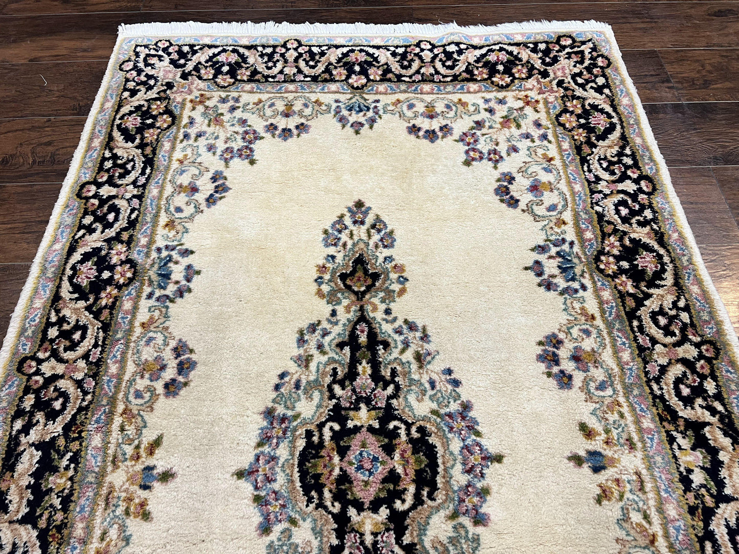 Persian Kirman Rug 4x7 Hand Knotted Wool Antique Carpet Beige Medallion Design