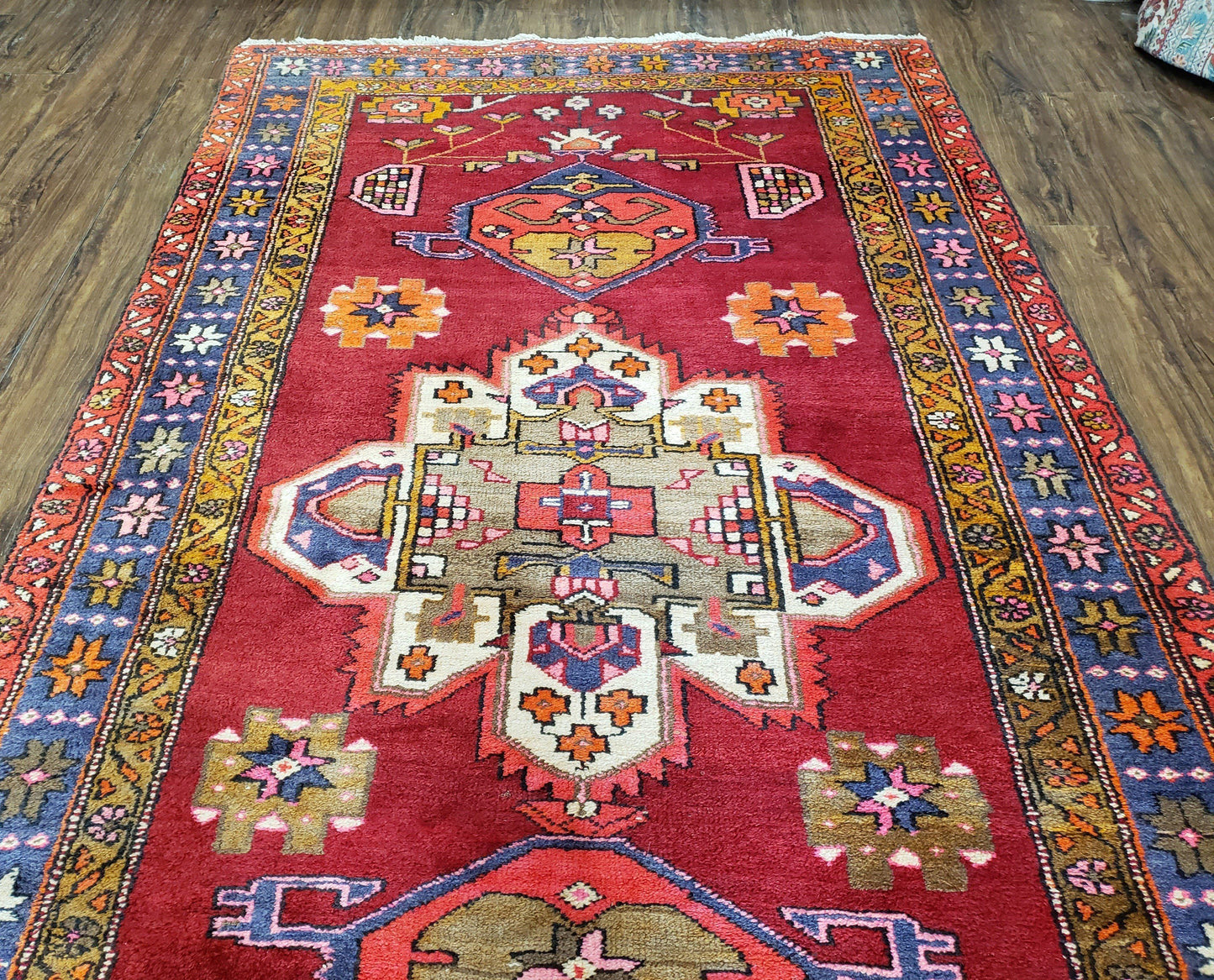 Persian Karajeh Runner Rug Antique Hand Knotted Wool 4.4 By 11 Ft Red Geometric Medallion