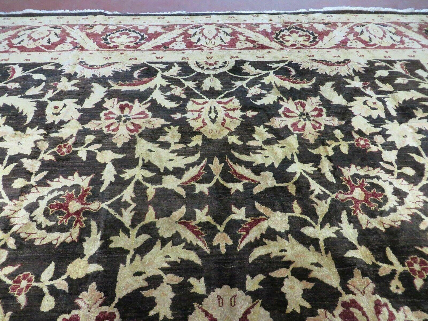 Vintage Indian Agra Hand Knotted Wool Rug 11x15 Floral Dark Brown
