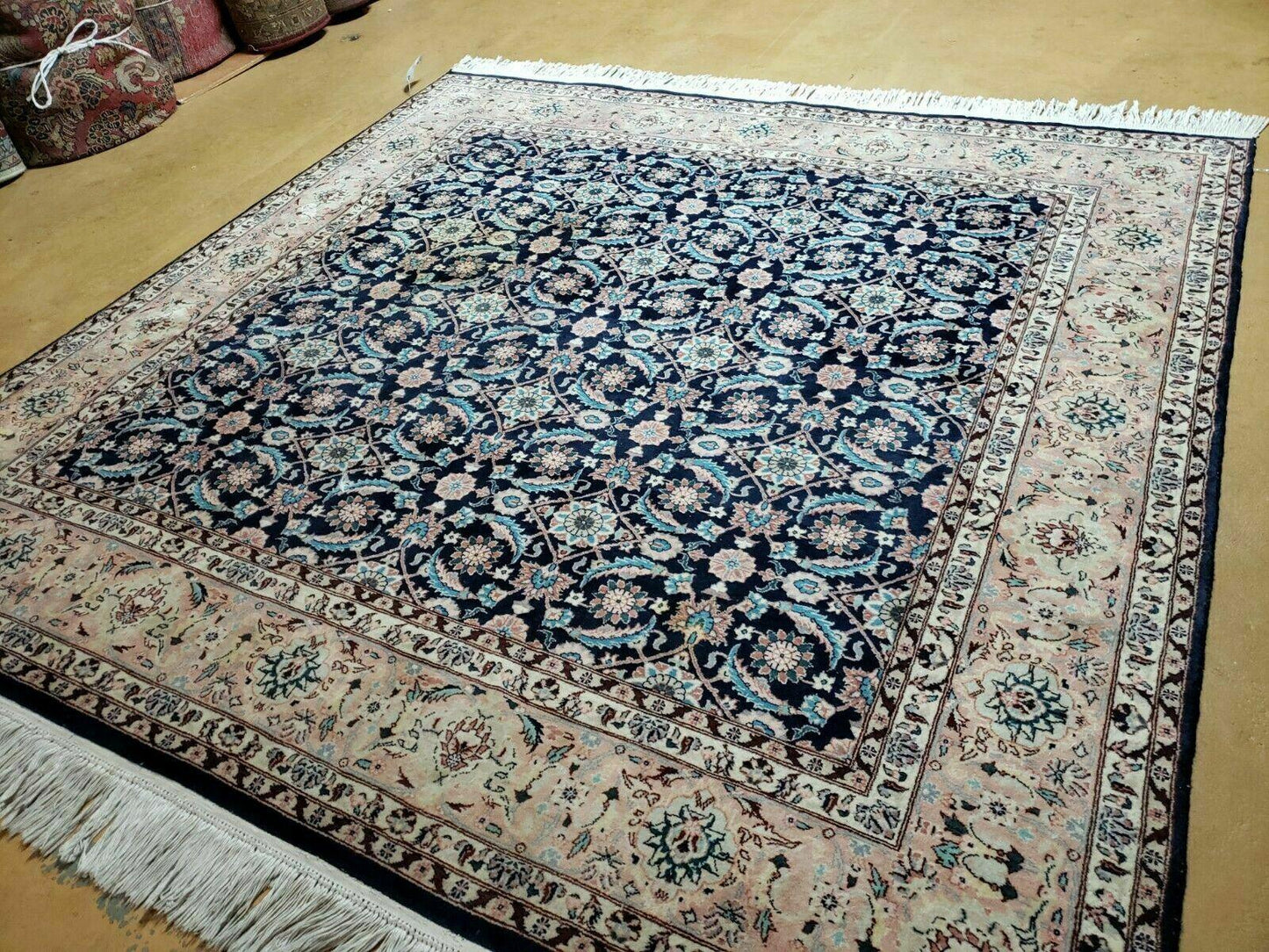 Handmade Wool Rug Floral Oriental Blue 73 Inch Square Carpet