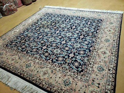 Handmade Wool Rug Floral Oriental Blue 73 Inch Square Carpet