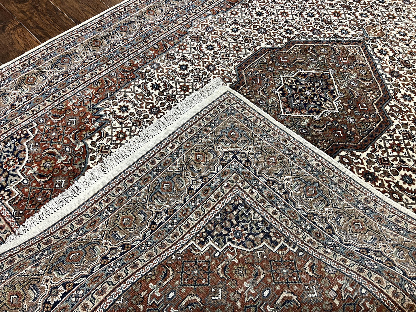 Indo Persian Hand Knotted Wool Rug 7x10 Cream Medallion Vintage Oriental Carpet