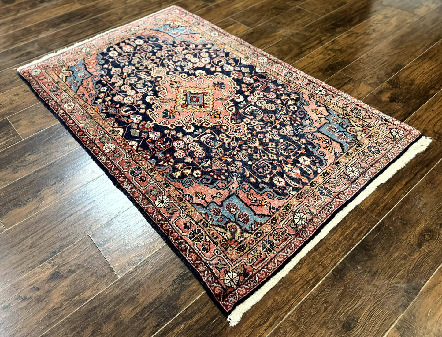 Sarouk Persian Rug Jozan 3x5 Navy Blue And Coral Medallion Handmade Wool