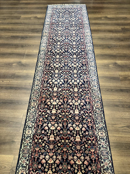 Indo Persian Runner Rug 2.8x12 Navy Floral Hand Knotted Wool Fine 270 KPSI