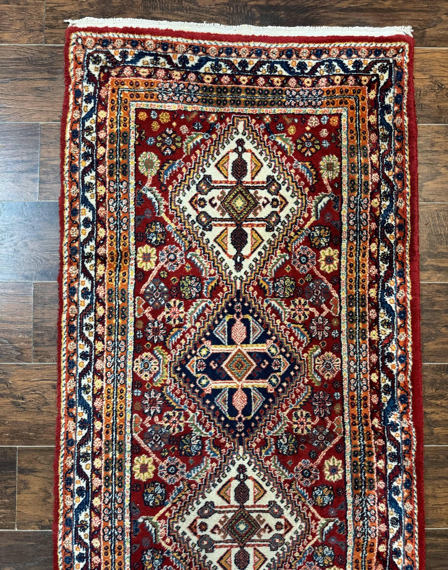 Persian Qashqai Runner Rug 3x13 Wool Hand Knotted Red Ivory Blue Geometric Medallions