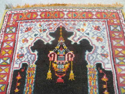 Moroccan Runner Rug 3x7 Hand Knotted Wool Double Mehrab Arches Black And Red Hallway Decor