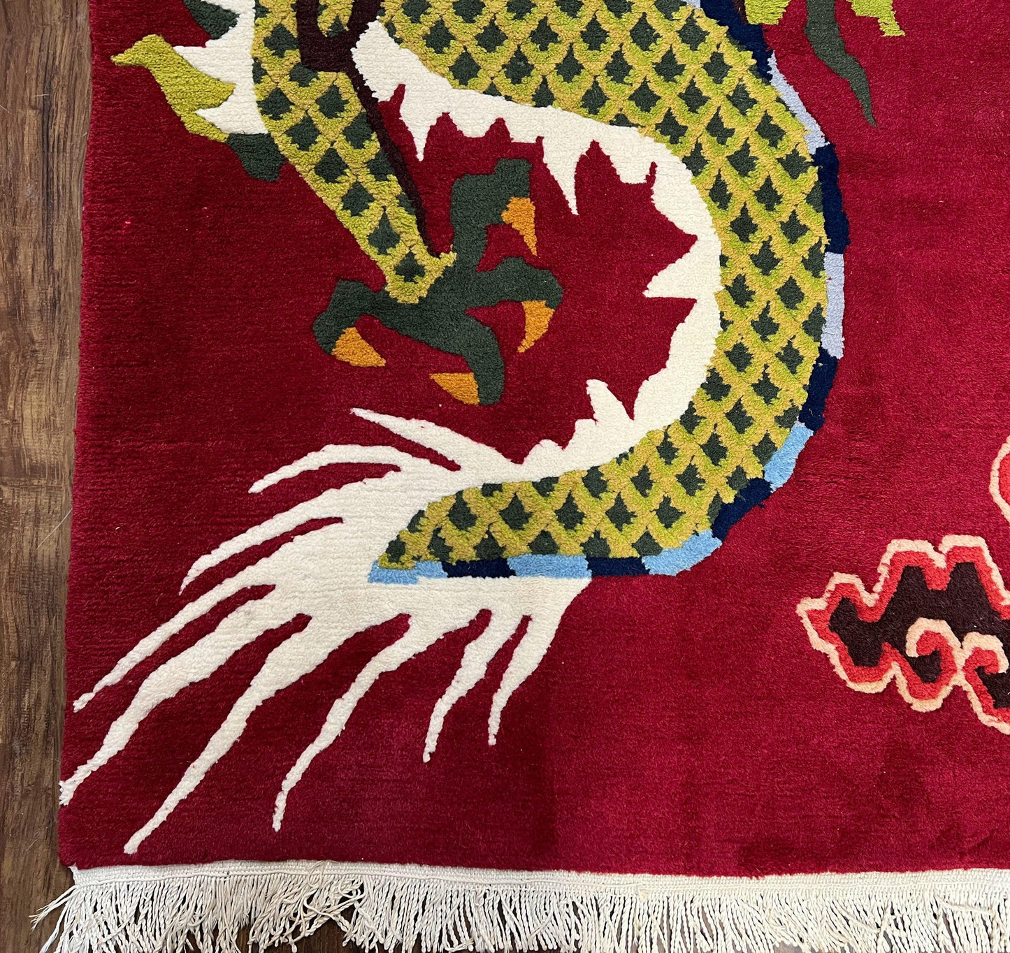Vintage Chinese Dragon Rug 3x6.8 Handmade Hand Knotted Red Gold Dragon Art Deco Runner