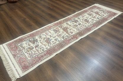 Turkish Silk Runner Rug 2.6 x 8 Ivory Bamboo Silk Hunting Design