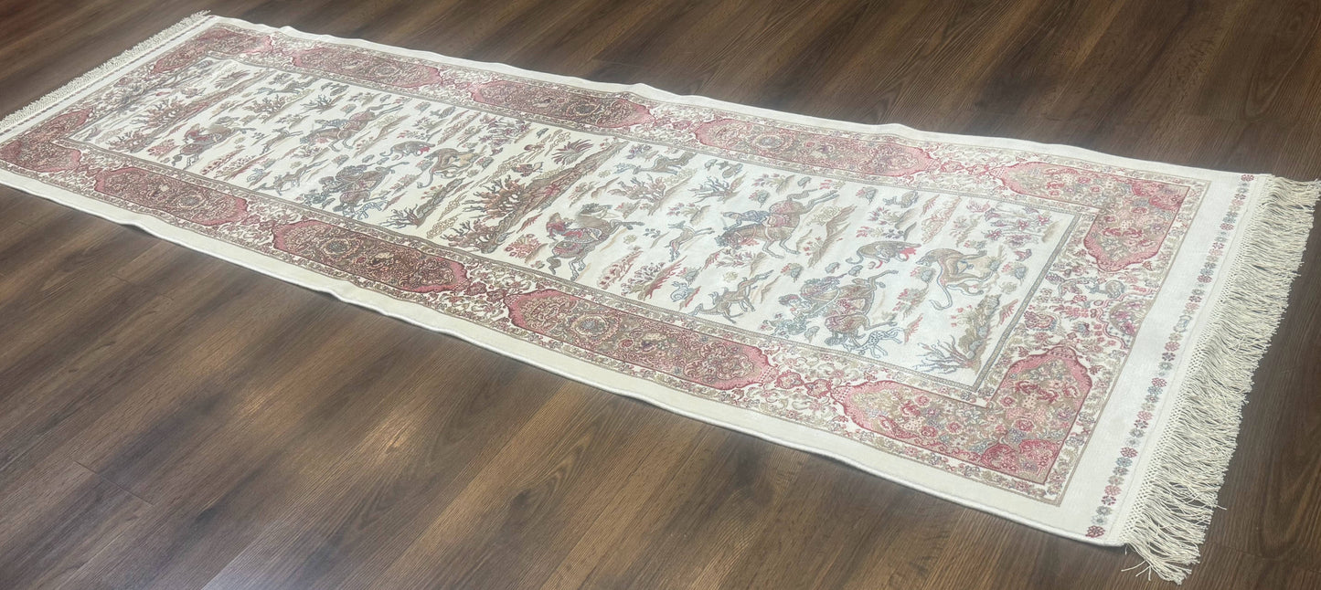 Turkish Silk Runner Rug 2.6 x 8 Ivory Bamboo Silk Hunting Design