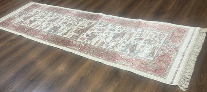 Turkish Silk Runner Rug 2.6 x 8 Ivory Bamboo Silk Hunting Design